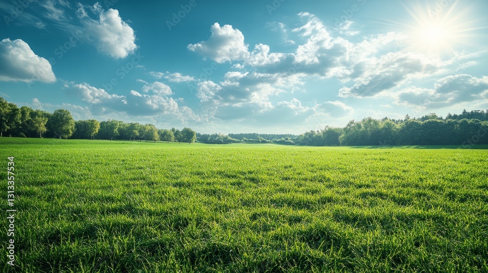 Empty green meadow with natural lighting, perfect for showcasing organic products with a fresh, outdoorsy feel Empty green meadow with natural lighting, perfect for showcasing organic products with a fresh, outdoorsy feel