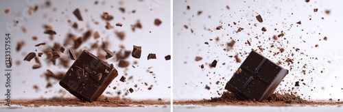 A well-liked dessert treat featuring a fragmented chocolate bar suspended in mid-air against a plain backdrop