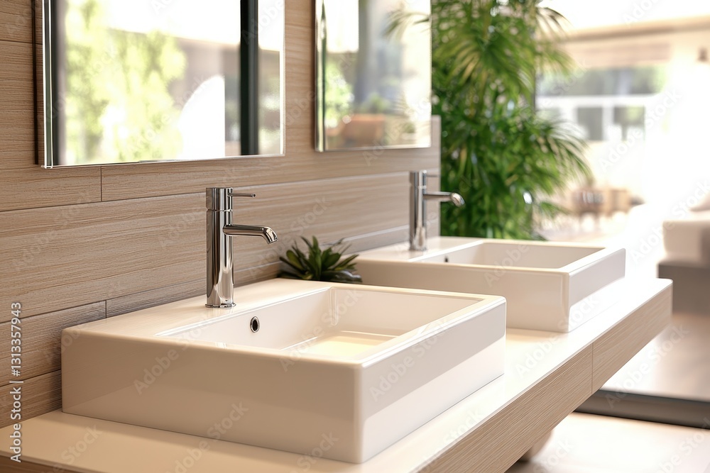 Contemporary restroom design featuring a pair of white basins and a big rectangular mirror Contemporary restroom design featuring a pair of white basins and a big rectangular mirror