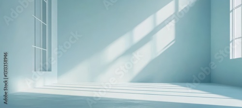 Bright Minimalist Room with Light Shadows from Large Windows on a Soft Blue Background Creating a Serene and Calm Atmosphere