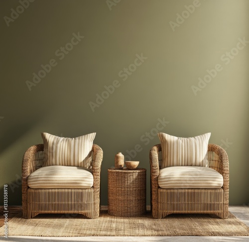 Neutral wicker chairs, side table,  living room photo