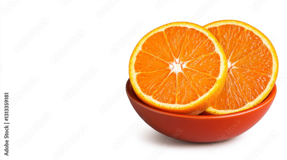 Two Orange Slices in Brown Bowl Against White Background Two Orange Slices in Brown Bowl Against White Background