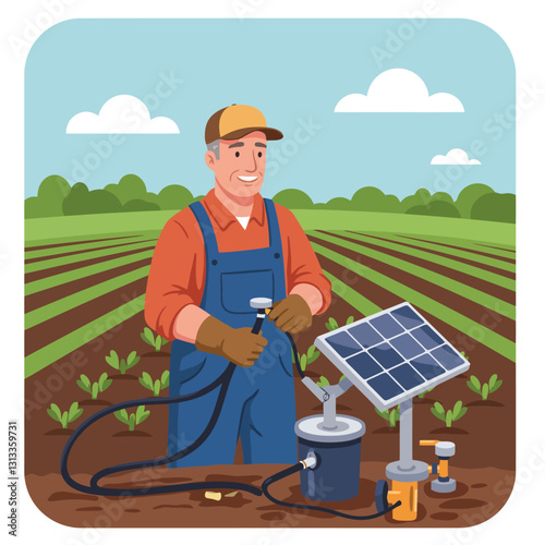 Farmer Connecting Irrigation Hose in Field with Solar Panel Pump System
