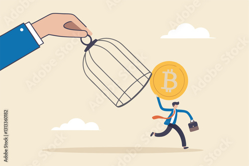 Bitcoin and cryptocurrency regulation, government try to control crypto or decentralized money, authority and legal for trading crypto concept, investor carrying bitcoin run away from government cage.