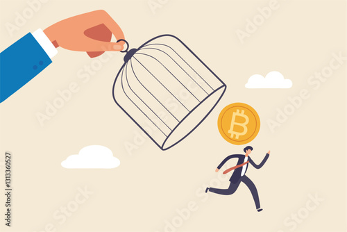 Bitcoin and cryptocurrency regulation, government try to control crypto or decentralized money, authority and legal for trading crypto concept, investor carrying bitcoin run away from government cage.