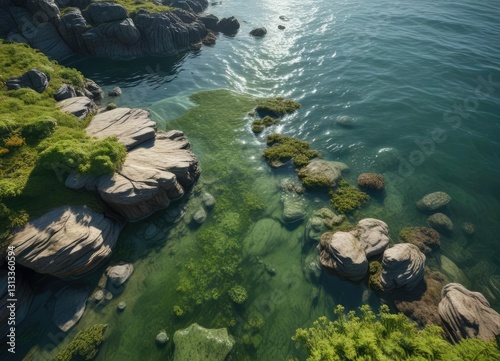 Oceanic algae forming a dense mat on rocky sea-worn shores, coastal seaweed, epiphytic seaweeds