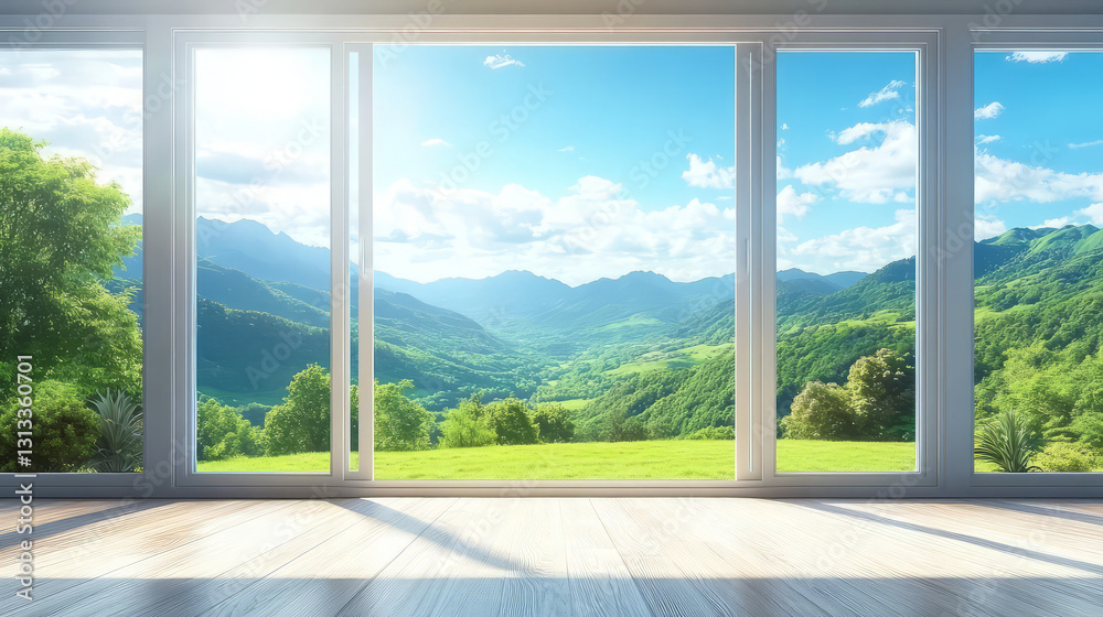 Naklejka premium panoramic window view of clear sky with clouds over green mountains, creating serene atmosphere
