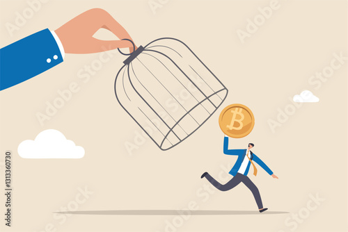 Bitcoin and cryptocurrency regulation, government try to control crypto or decentralized money, authority and legal for trading crypto concept, investor carrying bitcoin run away from government cage.
