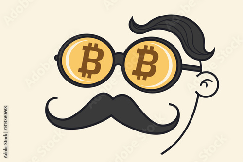 Bitcoin whale or anonymous who rich with bitcoin crypto trading, cryptocurrency guru or success investor with no identity concept, fancy nerd eyeglasses with precious Bitcoin symbol and mustache.