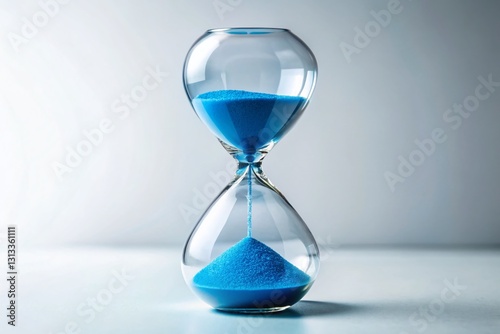 Serene Blue Sand Hourglass on Minimal Off-White Background: Time Passing Concept photo