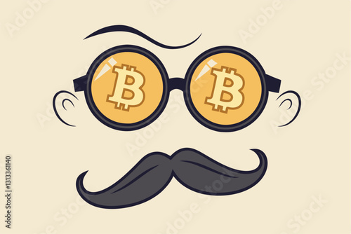 Bitcoin whale or anonymous who rich with bitcoin crypto trading, cryptocurrency guru or success investor with no identity concept, fancy nerd eyeglasses with precious Bitcoin symbol and mustache.