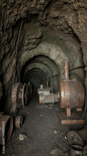Old abandoned mine in Cornwall, UK, with rusty machinery and dark tunnels, UK, machinery