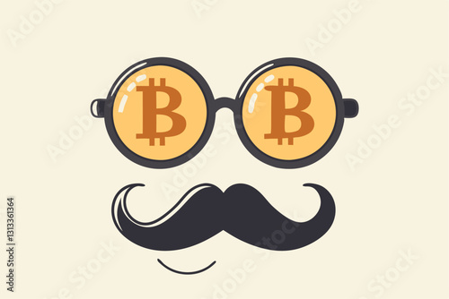 Bitcoin whale or anonymous who rich with bitcoin crypto trading, cryptocurrency guru or success investor with no identity concept, fancy nerd eyeglasses with precious Bitcoin symbol and mustache.