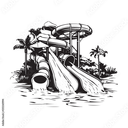 Water Slide Aqua Park Images Vector. Swimming pool with water slides in aqua park image vector.