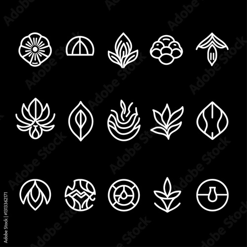 Minimalist White Line Art Collection of Floral and Nature Icons on Black