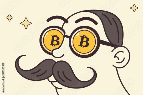 Bitcoin whale or anonymous who rich with bitcoin crypto trading, cryptocurrency guru or success investor with no identity concept, fancy nerd eyeglasses with precious Bitcoin symbol and mustache.
