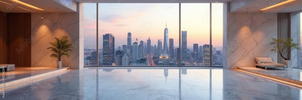 Obraz premium Vast empty marble floor, city skyline backdrop, marble, skyline, floor