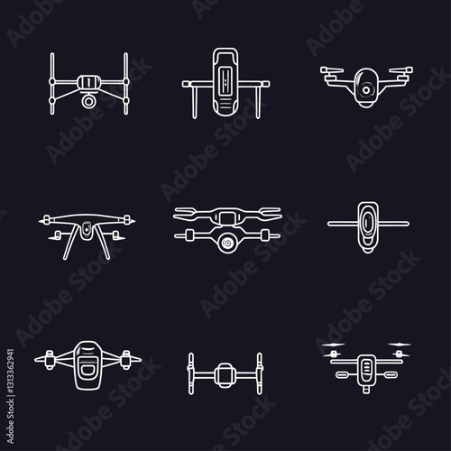 Drone Line Art Icons Set - Aerial Photography & Modern Technology Elements