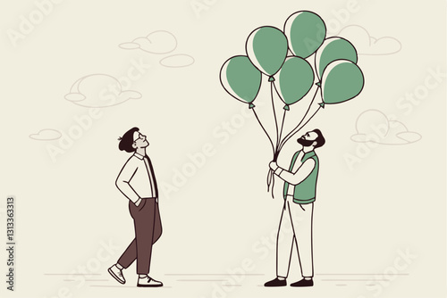 Decentralization, blockchain technology to distribute authority without center, DeFi Decentralized Finance concept, businessman holding tied up balloons looking at decentralized balloons network.