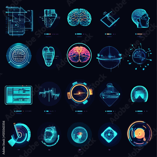 Futuristic interface with brains, global networks, and tech illustrations