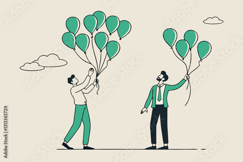 Decentralization, blockchain technology to distribute authority without center, DeFi Decentralized Finance concept, businessman holding tied up balloons looking at decentralized balloons network.