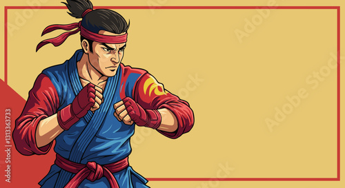 Martial artist in blue and red uniform in fighting stance.