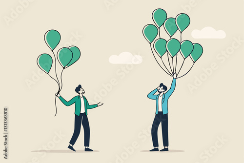 Decentralization, blockchain technology to distribute authority without center, DeFi Decentralized Finance concept, businessman holding tied up balloons looking at decentralized balloons network.