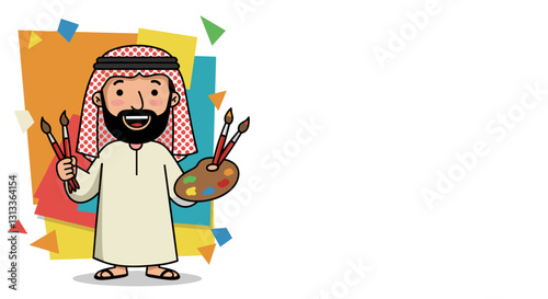 Cartoon artist in traditional attire holding paintbrush and palette.