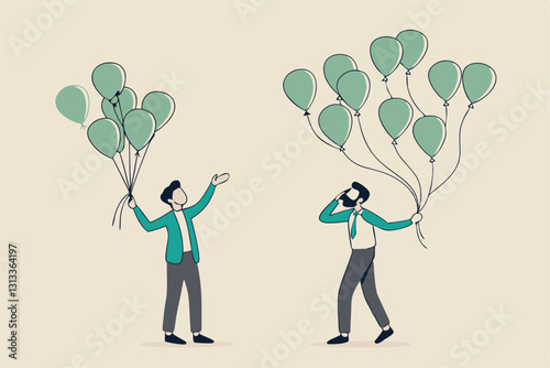 Decentralization, blockchain technology to distribute authority without center, DeFi Decentralized Finance concept, businessman holding tied up balloons looking at decentralized balloons network.