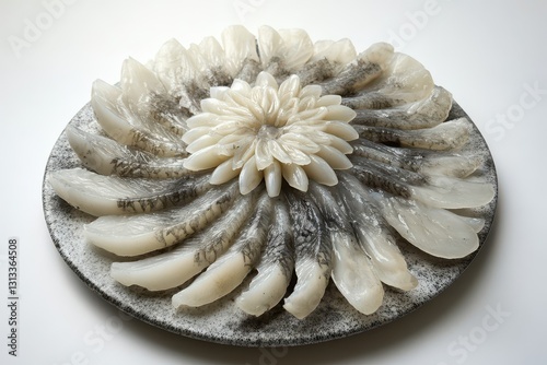 Elegantly placed fugu sashimi on a circular dish photo