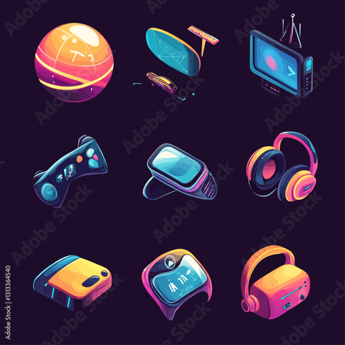 Isometric Tech Gadgets on Dark Background: Metaverse, Innovation, Future