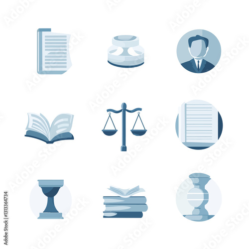 Law and Justice Icon Set: Legal Symbols, Courthouse, Lawyer, Books, Scales