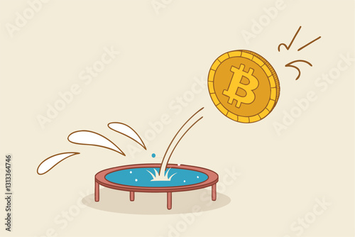Bitcoin price rebound, crypto currency bounce back to rising up after falling down concept, golden bitcoin bounce back on the trampoline rising up on price graph.