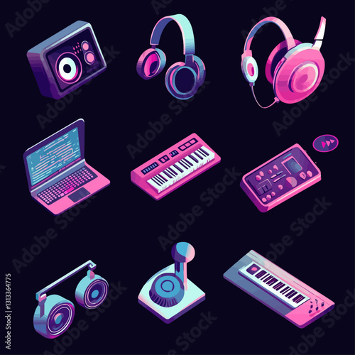 Isometric music production set with headphones, synth, and laptop