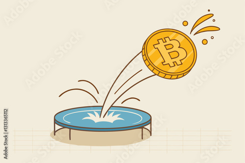 Bitcoin price rebound, crypto currency bounce back to rising up after falling down concept, golden bitcoin bounce back on the trampoline rising up on price graph.