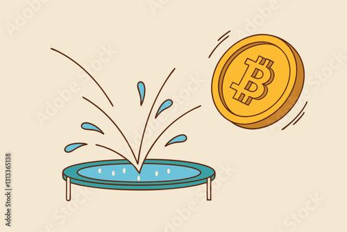 Bitcoin price rebound, crypto currency bounce back to rising up after falling down concept, golden bitcoin bounce back on the trampoline rising up on price graph.