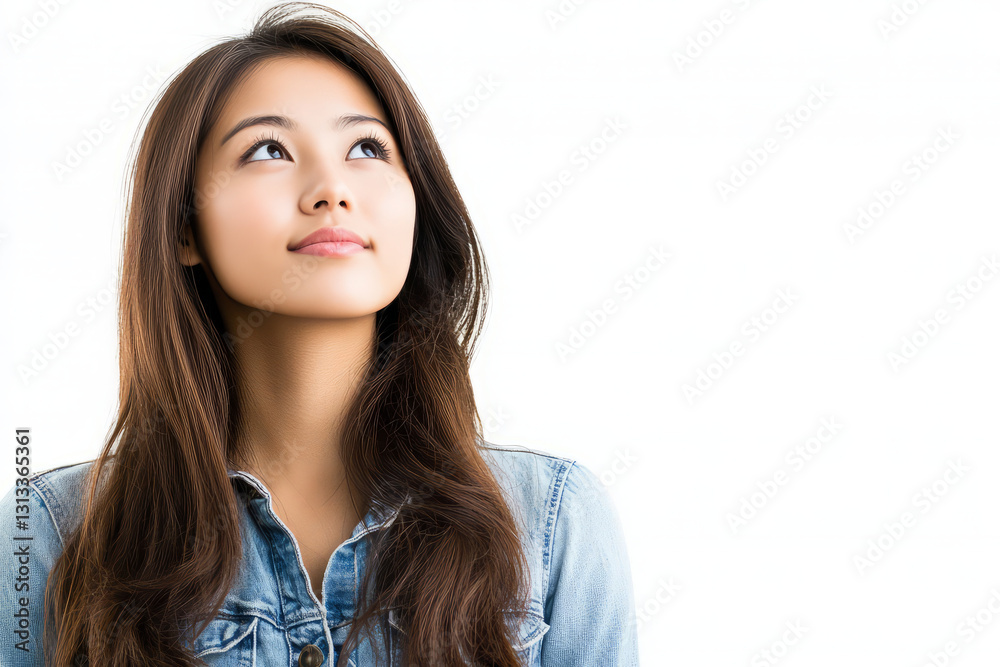 thoughtful young woman with long hair looking up against white background thoughtful young woman with long hair looking up against white background