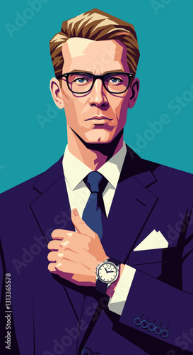 Confident businessman in suit adjusting tie on blue background.