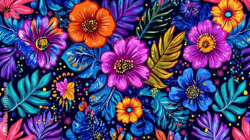 Vibrant floral design tropical bloom botanical pattern colorful blossoms exotic foliage garden paradise textile summer themed artistic
