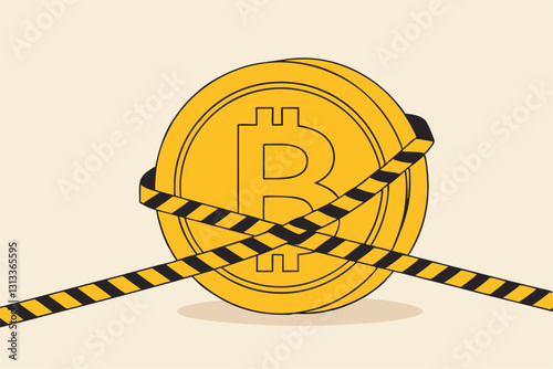 Bitcoin crypto currency banned, government monetary policy, Cryptocurrency crash or digital crime investigation concept, precious high value bitcoin wrap with investigation crime scene yellow tape.