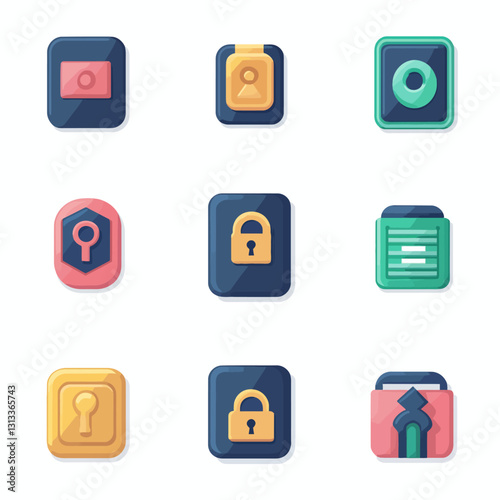 Security Icons Set with Key, Lock, Camera, Settings, and Identity Concept
