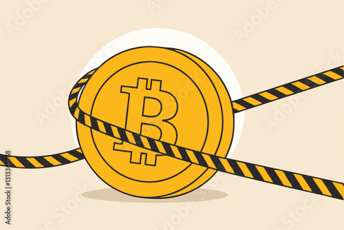 Bitcoin crypto currency banned, government monetary policy, Cryptocurrency crash or digital crime investigation concept, precious high value bitcoin wrap with investigation crime scene yellow tape.