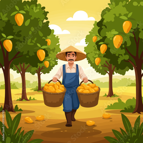 Farmer Harvesting Mangoes in Orchard with Traditional Hat and Baskets