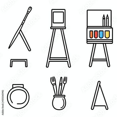 Art supplies and painting accessories sketch icon, easel and brush,
