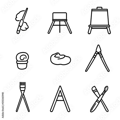 Artist Easel Brushes Paint Simple Outline Vector Icon Set Design