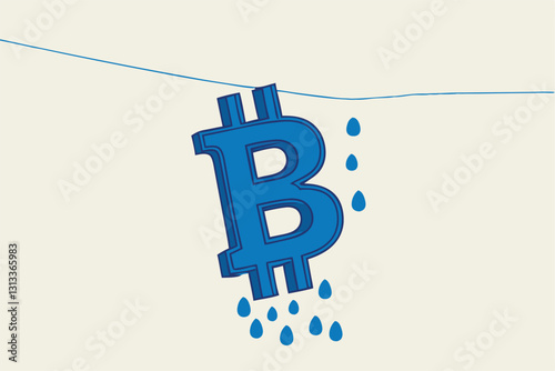 Bitcoin and cryptocurrency using for money laundering or payment in dark market, financial crime or criminal ransom pay concept, drying B alphabet with pegs as Bitcoin symbol after laundering.
