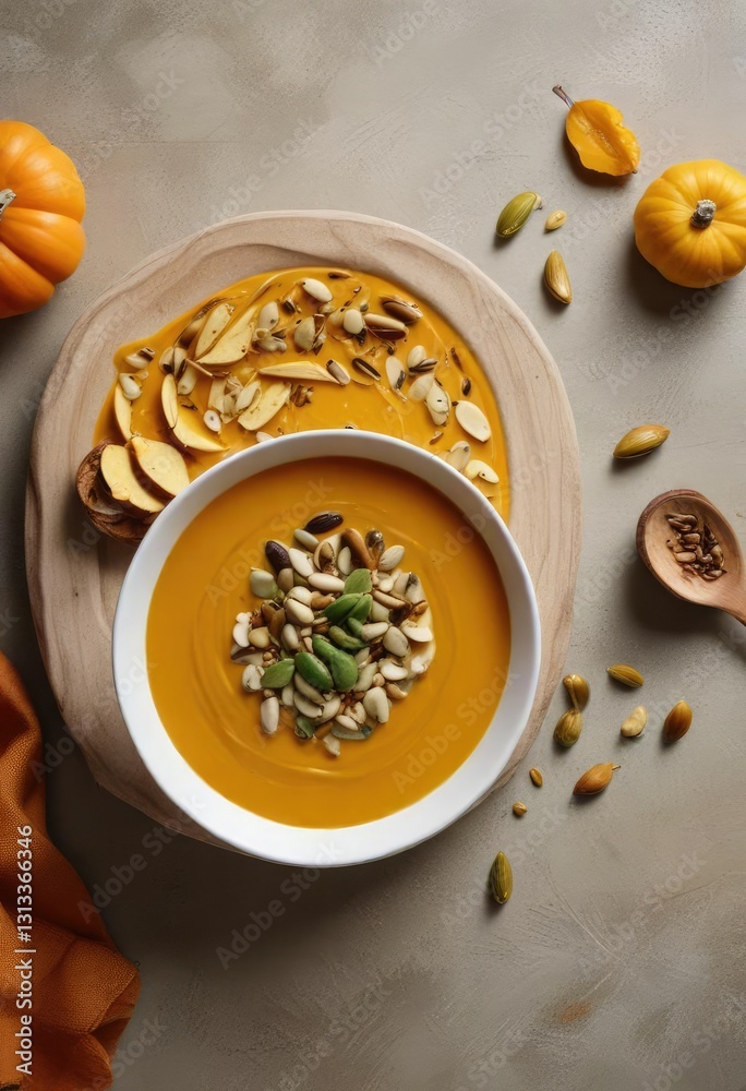 Overhead shot of a bowl of pumpkin soup topped with toasted pumpkin seeds, Savory, Pumpkin Soup Overhead shot of a bowl of pumpkin soup topped with toasted pumpkin seeds, Savory, Pumpkin Soup