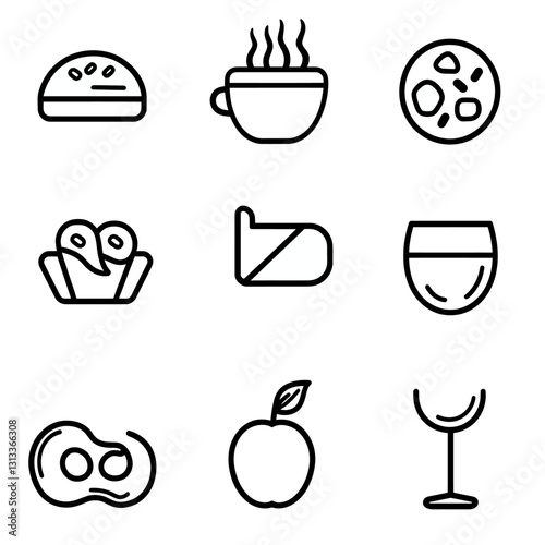 Food and Drink Icon Set Featuring Burger, Coffee, Pizza, and Apple