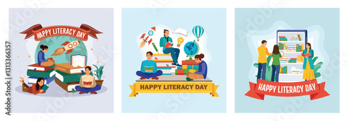 Young people celebrate Literacy Day by reading books. People read books in the digital library.