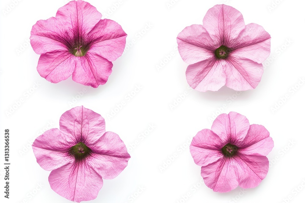 Four images of a pink petunia on a white backdrop